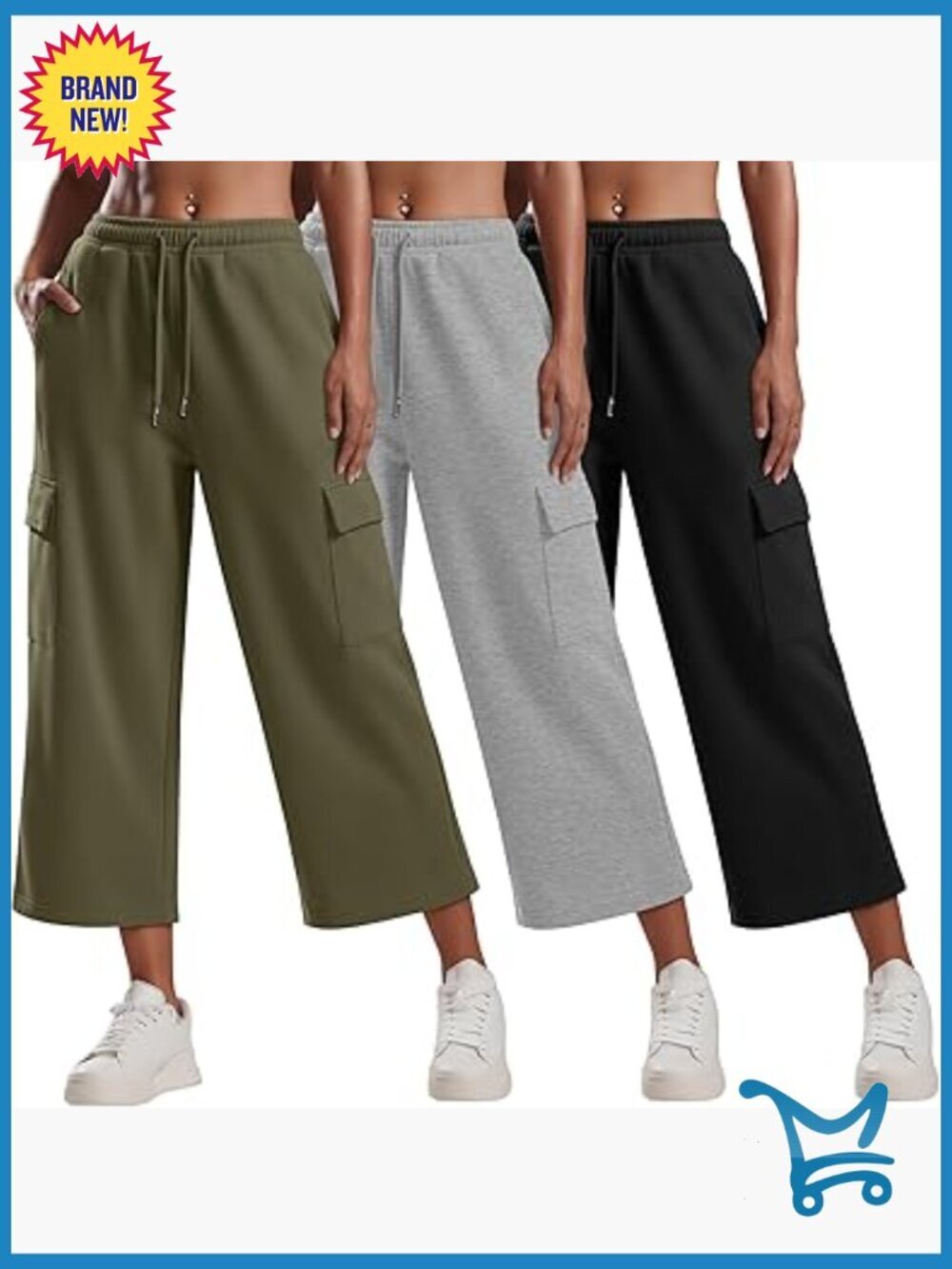 Cotton Wide Leg Cargo Capris 3-Pack Lightweight Cropped Sweatpants with Pockets